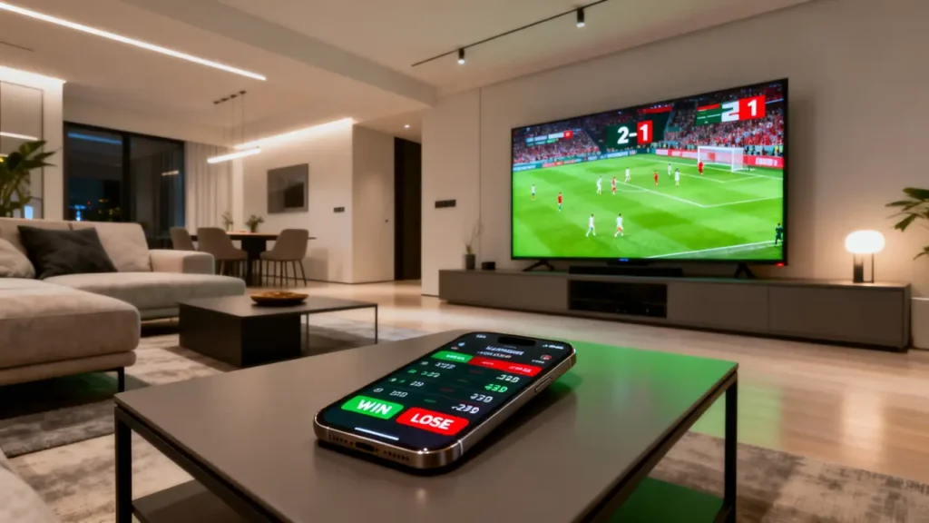 Live sports betting on smartphone with football match playing on TV in a modern living room