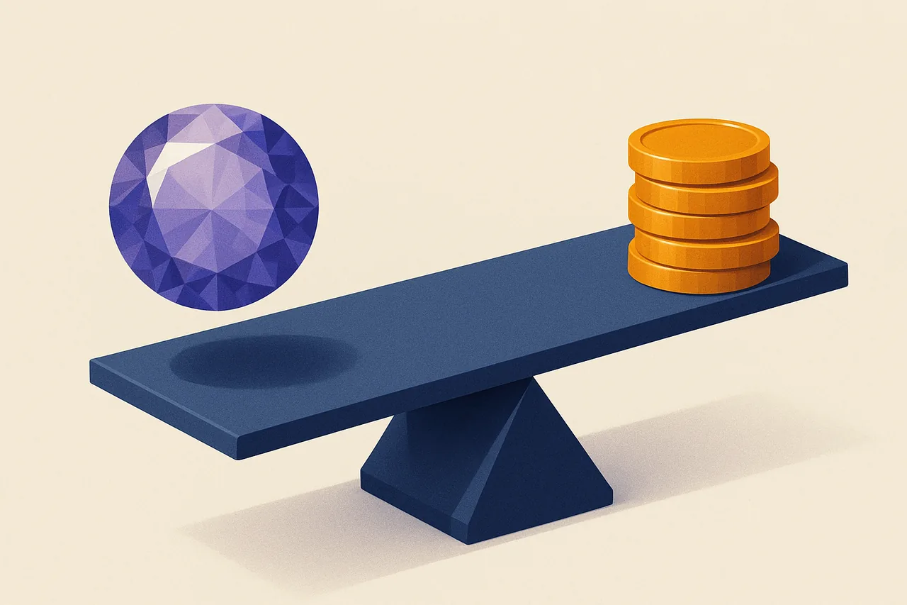 Seesaw balancing a violet crystal against a stack of tokens, illustrating ETH as the base asset priced in a quote asset