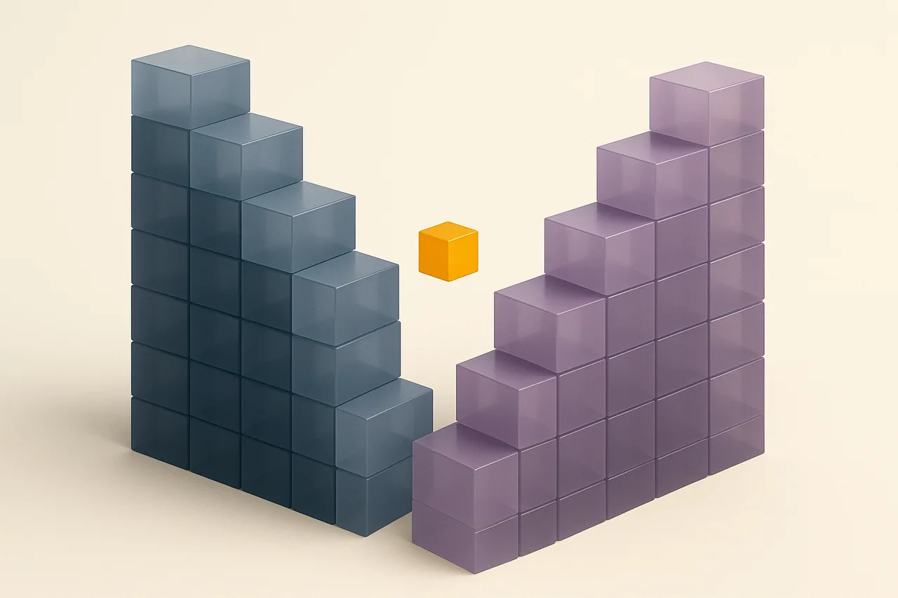 Two facing staircases of blocks with a small gap between them, illustrating buy orders, sell orders and the spread in an ETH order book