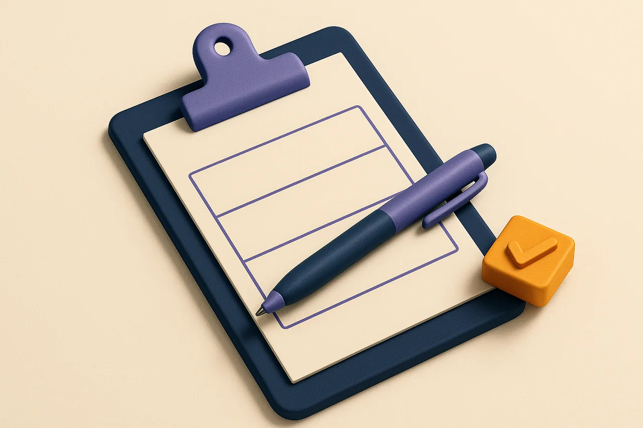 Clipboard with a blank order slip, pen and check stamp, illustrating a final review of an ETH order ticket