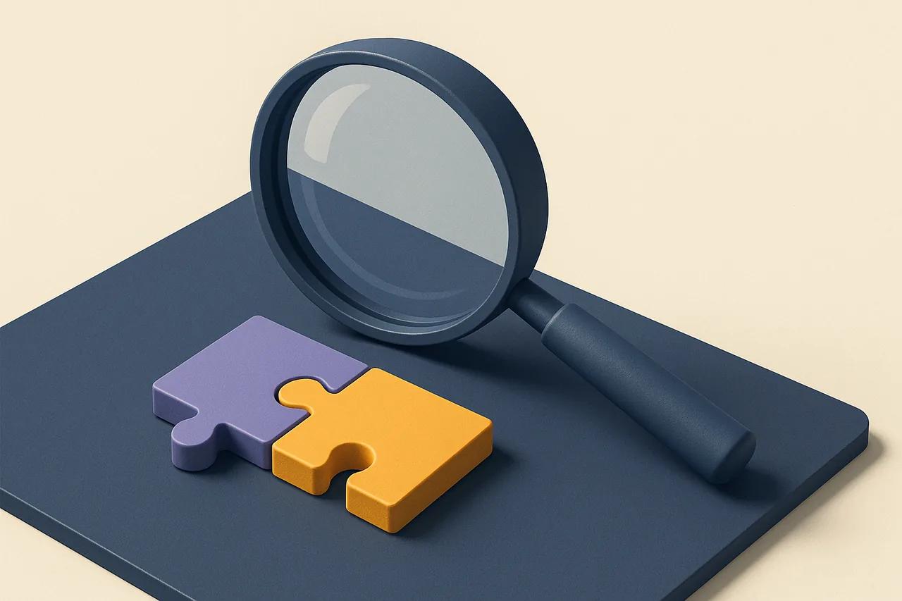 Magnifying glass over two joined puzzle pieces, representing reading an ETH trading pair on Binance.us before buying