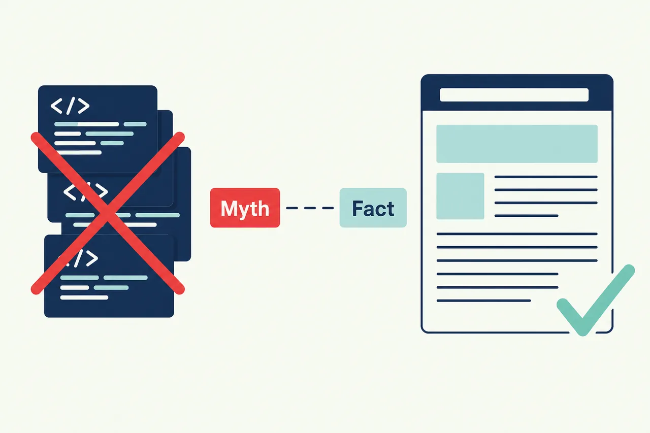 Crossed-out code tags beside a plain page, AI discoverability myth