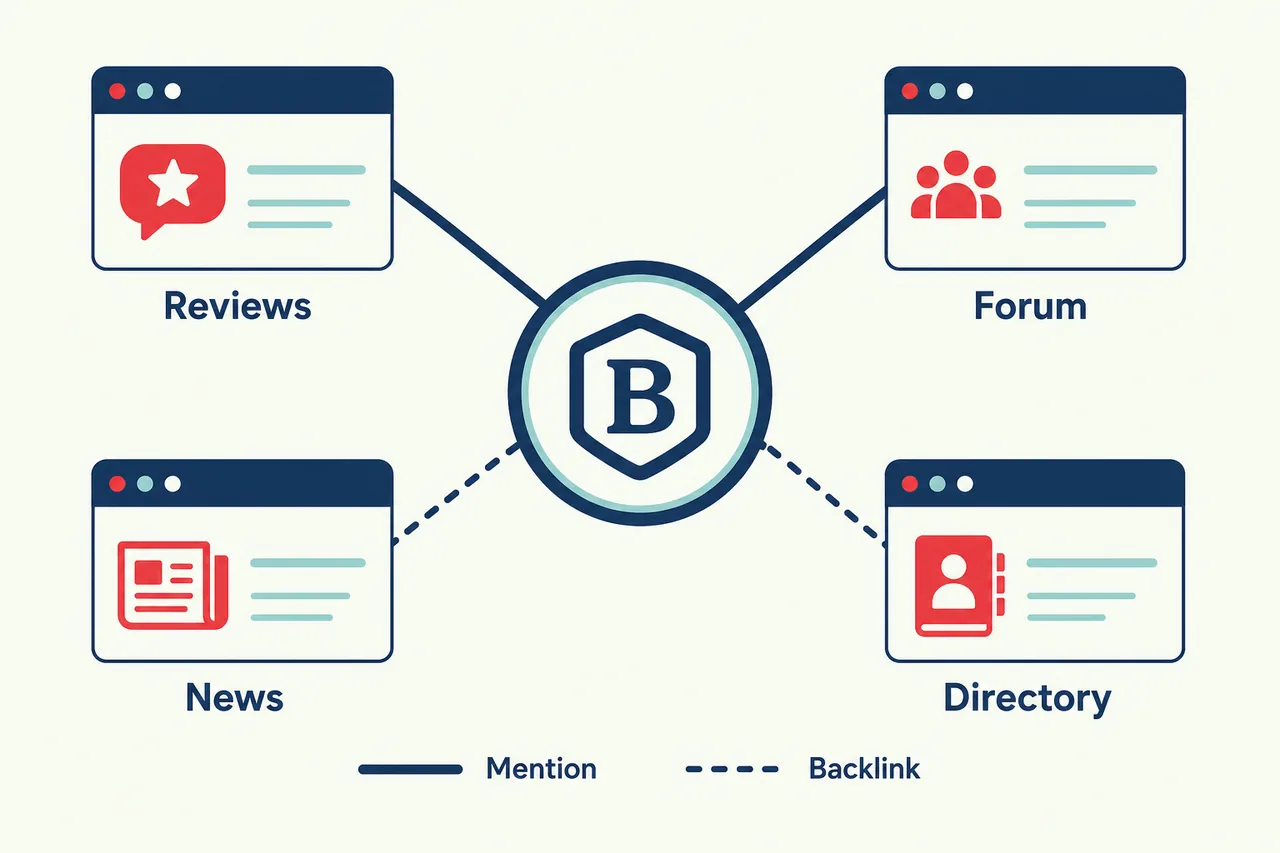 Review, forum, news and directory sites linked to a brand, AI discoverability